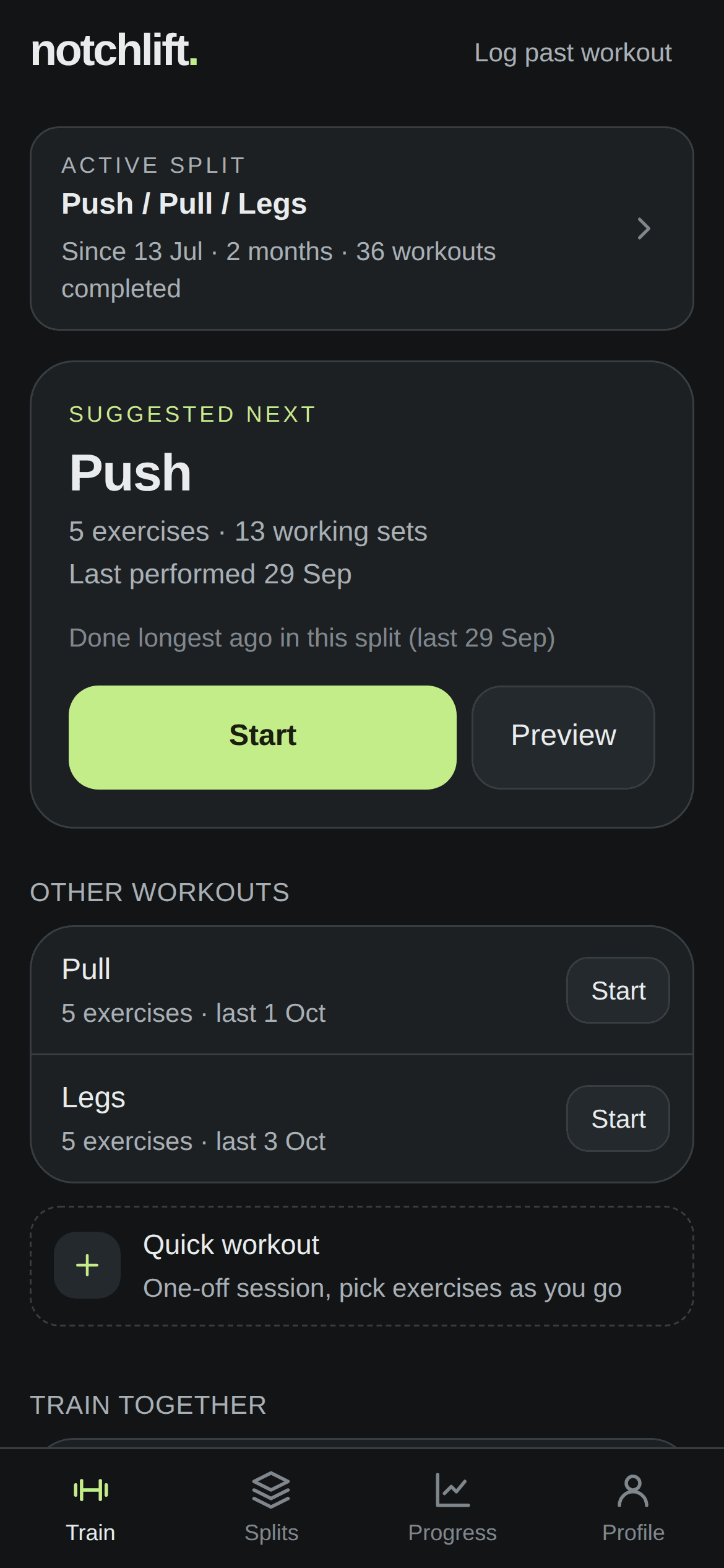The NotchLift home screen suggesting Push as the next workout in a Push / Pull / Legs split